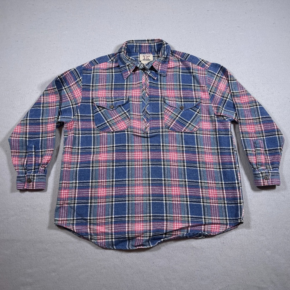 VTG‎ At Last & Co Plaid Flannel Pullover Shirt Women Large Pink Blue 1/4 Zip 80s